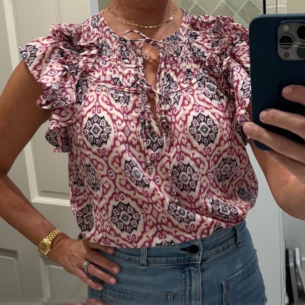 Elan Women's Ruffle Sleeve Blouse - Pink and Navy Blue Pattern